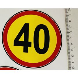 NALEPKA PROMETNI ZNAK S ŠTEVILKO 40, RUMENA Z RDEČIM ROBOM, FI 10 CM