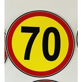 NALEPKA PROMETNI ZNAK S ŠTEVILKO 70, RUMENA Z RDEČIM ROBOM, FI 10 CM