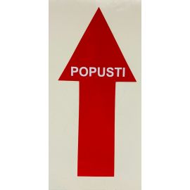RDEČA NALEPKA PUŠČICA "POPUSTI", 24,5X11,5 CM